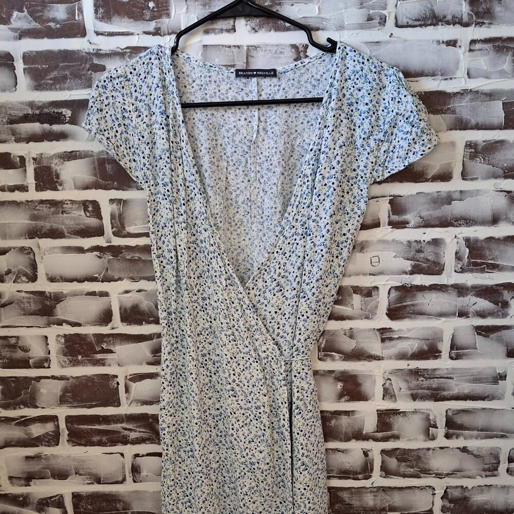 Brandy Melville Small Wrap Dress V-Neck Flutter Sleeves White Blue Floral Boho